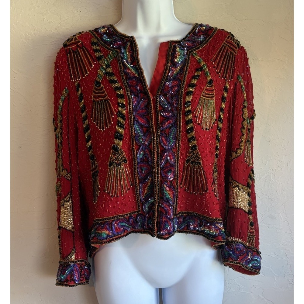 Vintage 80s 90s Laurence Kazar Beaded 100% Silk Jacket Cardigan XL Art Deco Glam